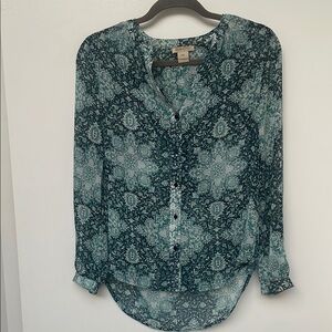 Lucky Brand Blue Teal Long Sleeve Button Down sheer Blouse XS